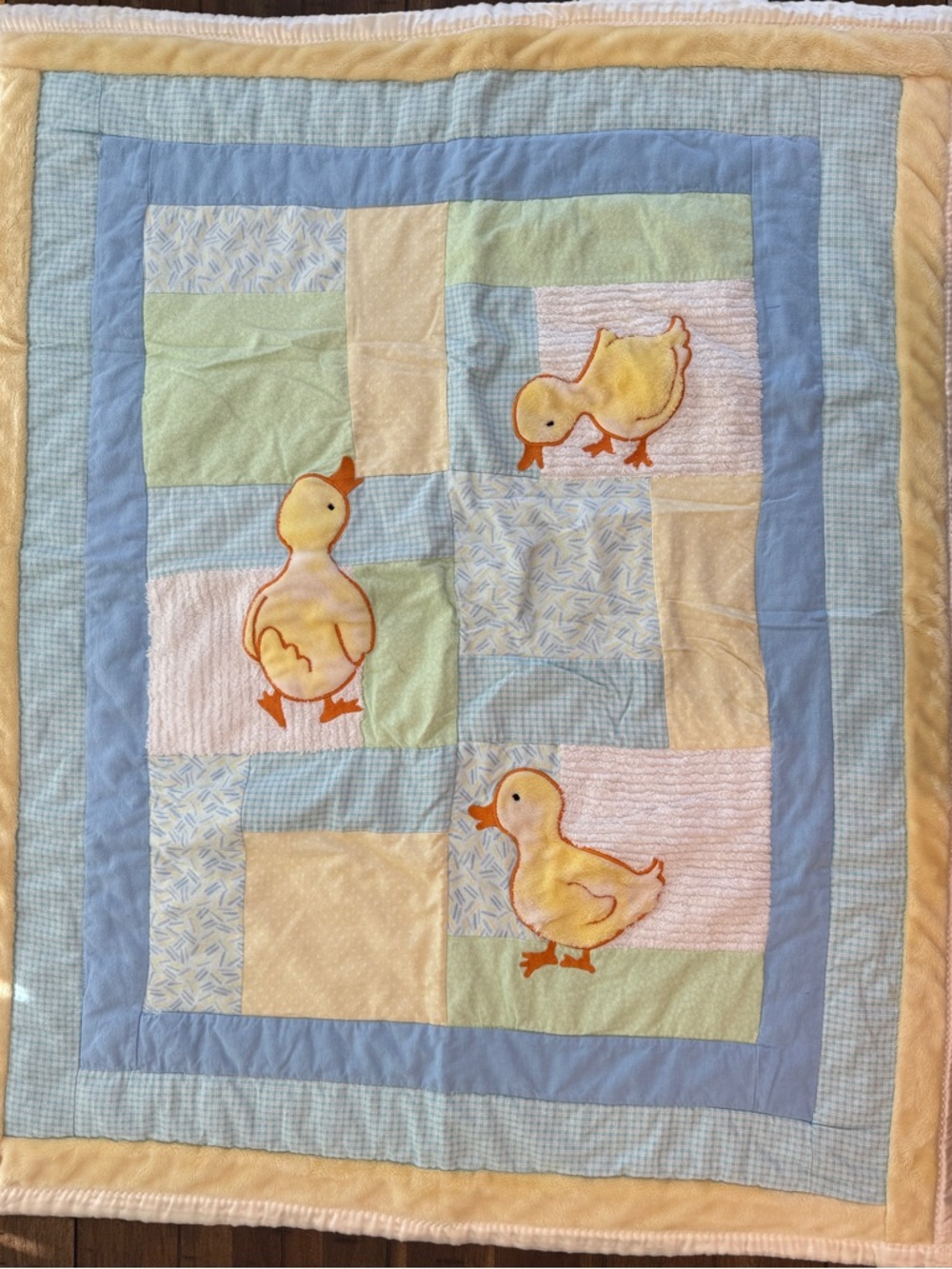 Adorable Ducklings Flannel Minky Patchwork Yellow & Blue Quilted Baby Blanket